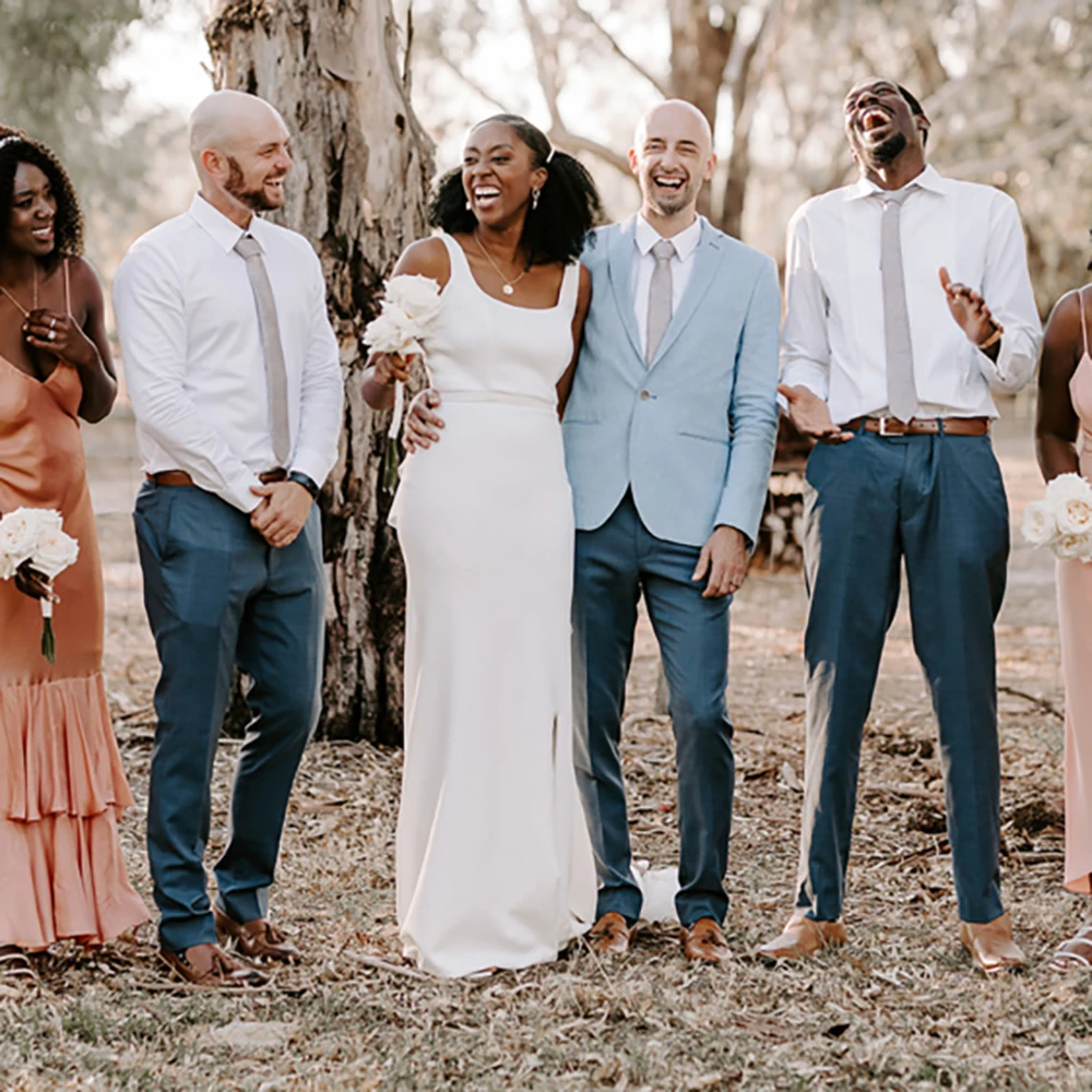 Vestido de novia minimalista sin espalda de crepé con cuello cuadrado, envío directo, personalizado, de talla grande, tubo Simple, vestidos de novia con abertura baja de satén