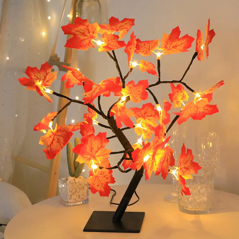 24 & 48 LED Leaf Fairy Light Flower Tree Table Lamp Rose Night Light Gifts for Wedding Party Autumn Halloween Decoration Happy