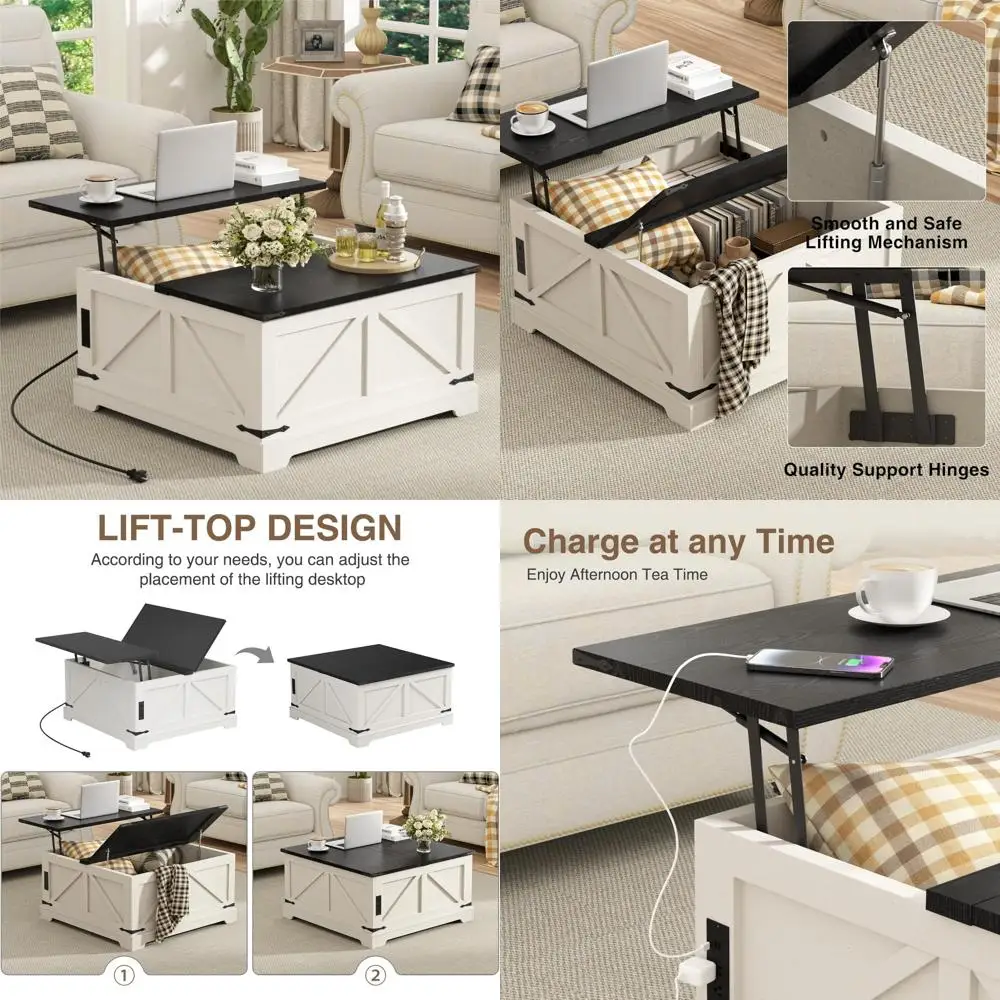 Farmhouse Style Square Wood Lift-Top Coffee Table with Storage and Charging Station, Rustic Design Centerpiece for Living Room