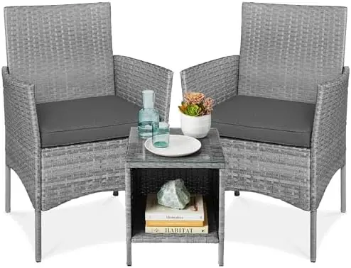 3-Piece Outdoor Wicker Conversation Bistro Set, Space Saving Patio Furniture for Garden w/Side Table - Gray/Gray