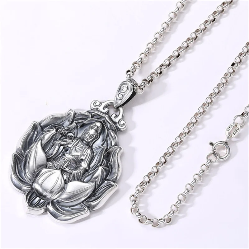 Retro Avalokitesvara Pendant Men Jewelry Maitreya Buddha Necklace Male Amulet Lotus Statue Necklaces Lady