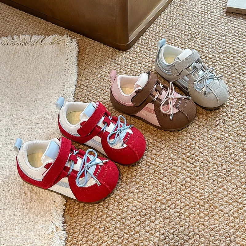 Baby Retro Color Block Sneakers, Faux‑Lace‑Up Hook‑Loop Soft Rubber Sole Toddler First Walking Shoes