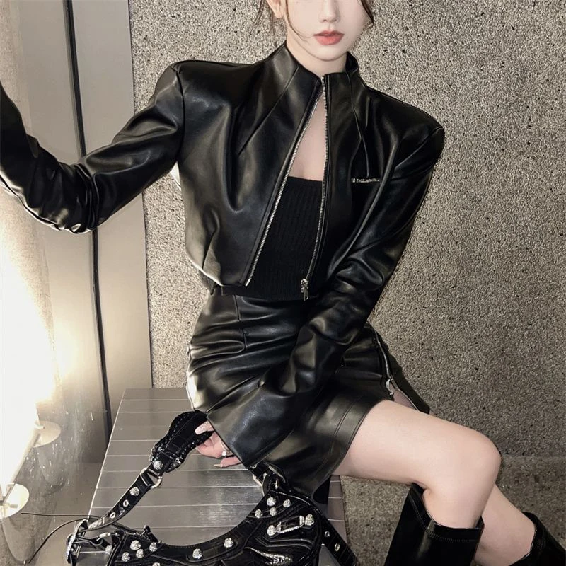 Pu Biker Jacket Women Sexy Cropped Black Harajuku Y2K Outwear High Street Fall Long Sleeve Zipper Female Racing Suit Coat