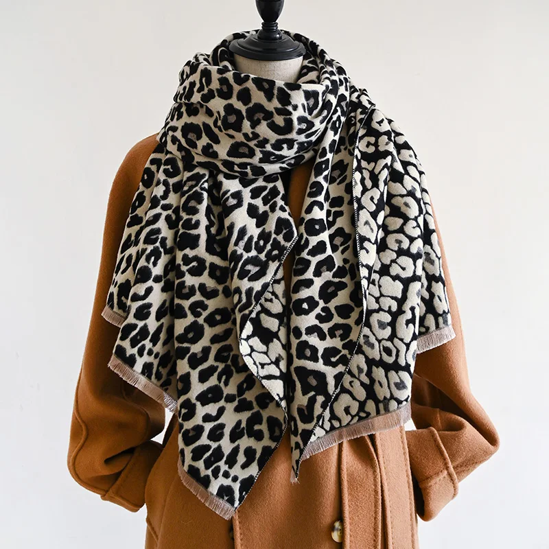 New Luxury Winter Leopard Two-Sided Cashmere Jacquard Scarves High Quality Women Thicken Wrap Shawl Ladies Wool Pashmina Scarf