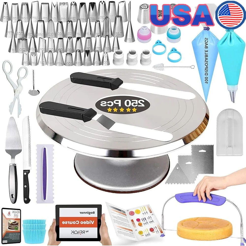 

250pcs Cake Decorating Kit Aluminum Turntable Set with Icing Tips Spatula Cake Server Scrapers Piping Couplers Flower Nail Guide