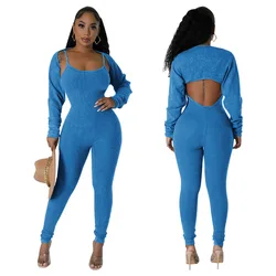 Solid Ribbed 2 Piece Set Women Sexy Spaghetti Straps Backless Skinny Jumpsuits Long Sleeve Open Stitch Coats Top Casual Suits