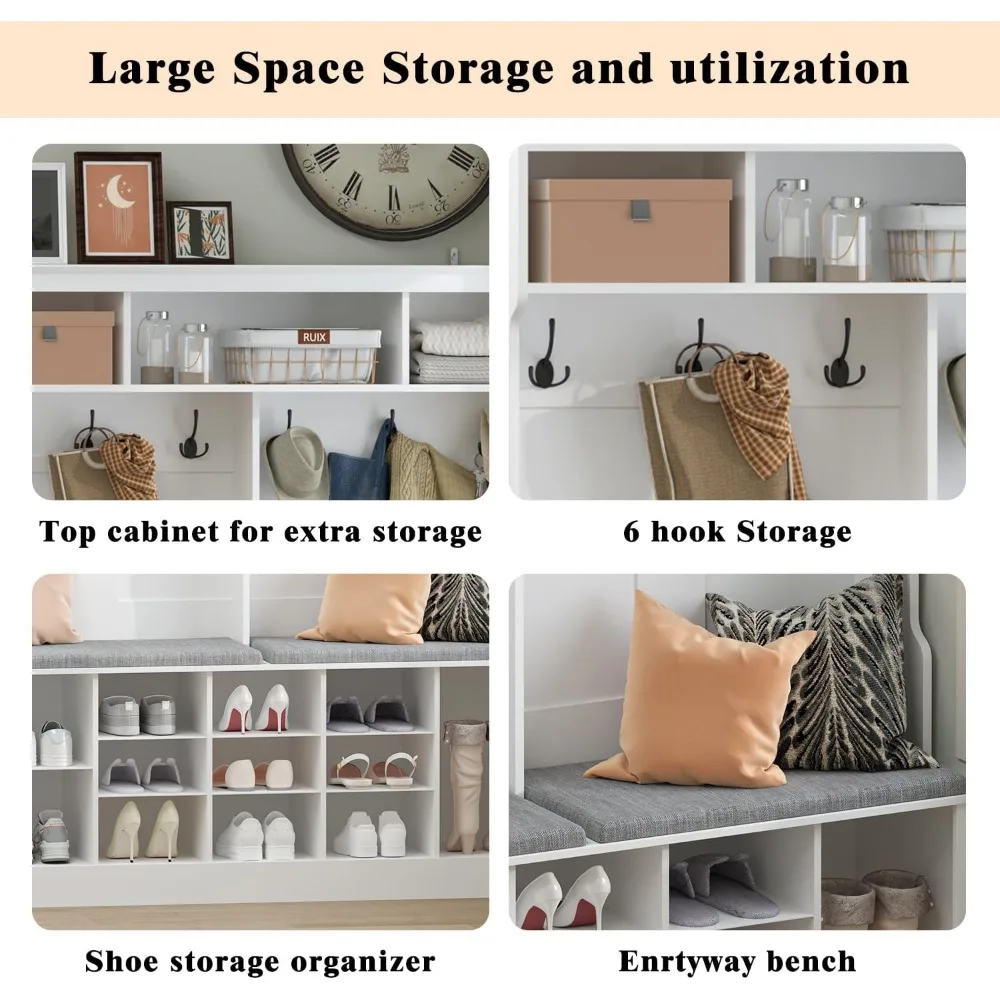 منظم غرفة الطين على طراز المزرعة مع مقعد، ورف معطف، و6 خطافات، و12 مكعب لتخزين الأحذية للمدخل