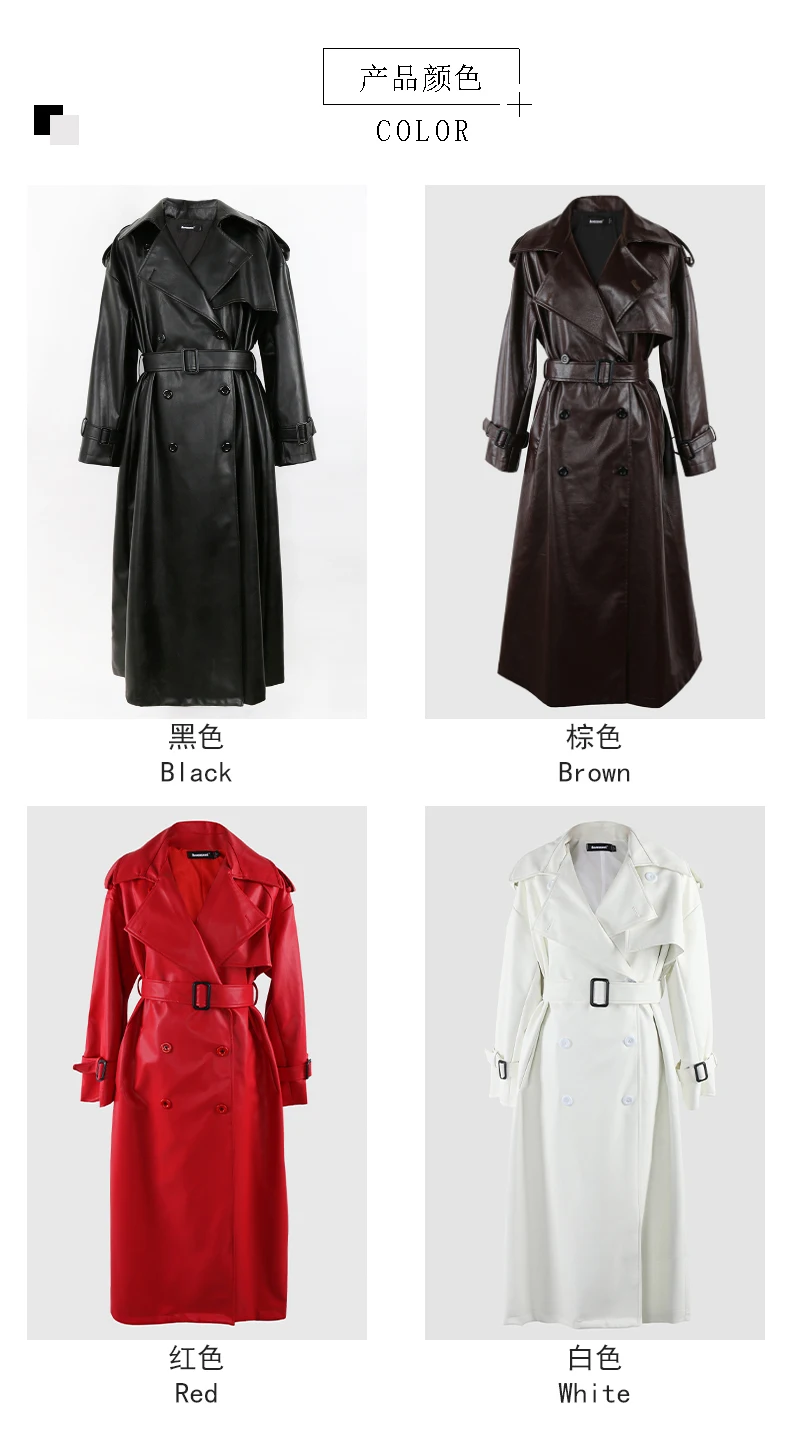 Nerazzurri Spring Autumn Long Oversized Black Pu Leather Trench Coat for Women Belt Double Breasted Loose Casual Korean Fashion