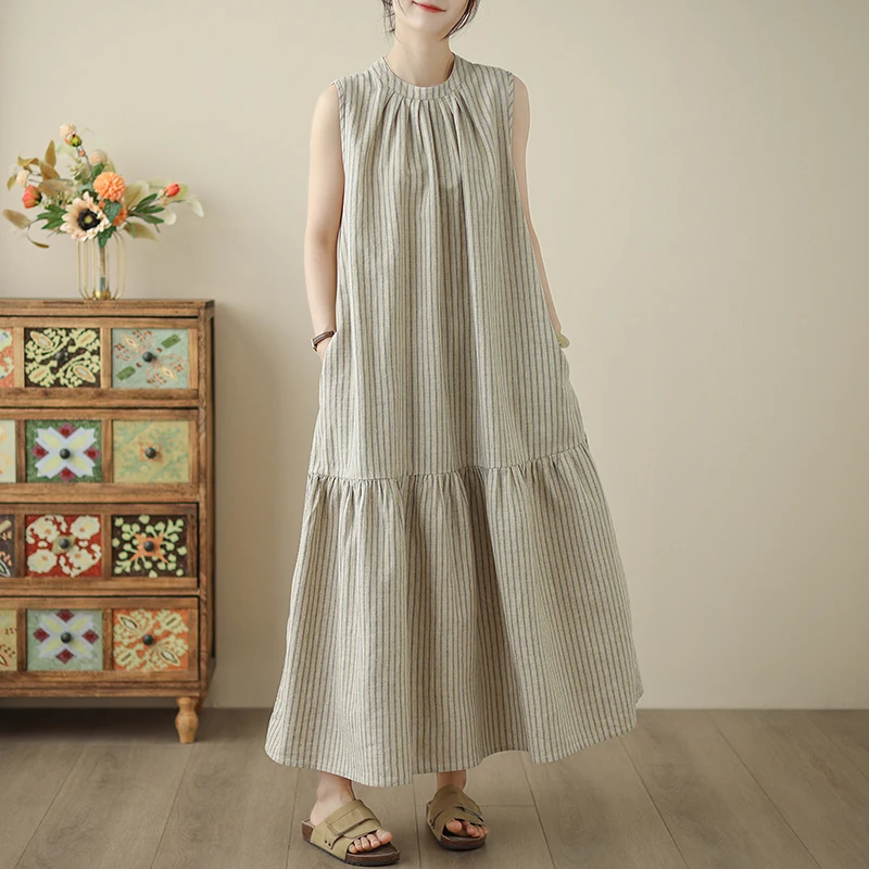 Vestido de Aodão e Linho Colorido com Saia em Camadas, Decote nas Costas, tras Verticais, Casual, Solto, Cintura A-Line,...