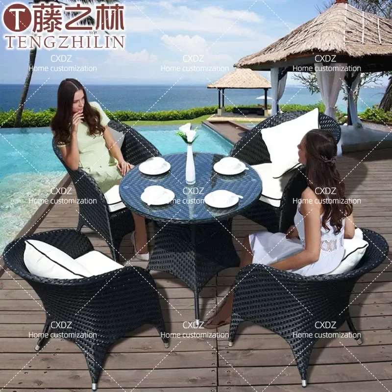 Rattan Chair and Tea Table Set Outdoor Balcony Furniture 3 Piece or 5 Piece Combination Courtyard Leisure Seating Group