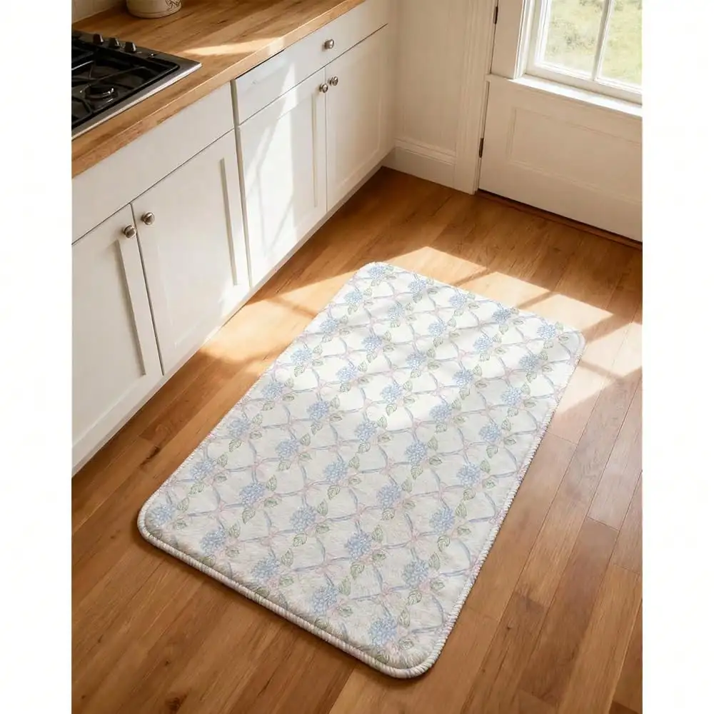 

Vintage Cottagecore Accent Rug With Blue Hydrangea And Pink Bow Pattern – Soft Washable Small Rug For Kitchen,
