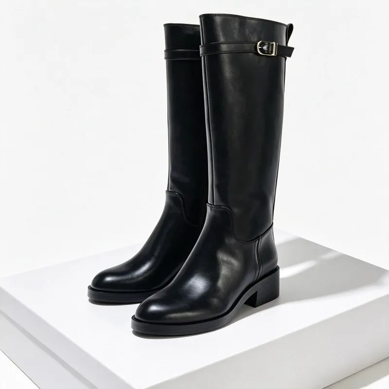 Winter Soft Leather Knight Boots Women Patchwork Unique Buckle Platform Boots Black Waterproof Chunky Heel Knee High Boots