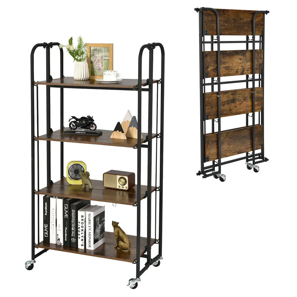 Costway 4-Tier Folding Rolling Cart Portable Storage Shelves w/Wheels No Assembly Rack