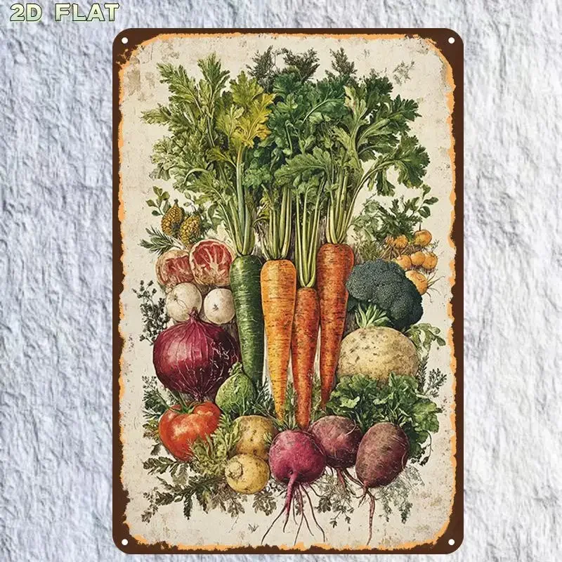 2D Flat Style, 1-Piece, Vintage Vegetable Garden Illustration Metal Wall Decor Plaque