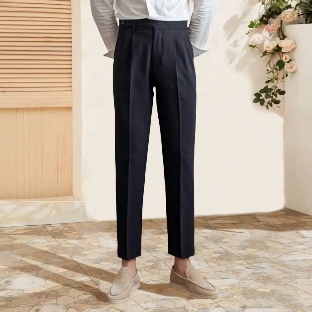 Solid Color Suit Trousers Business Pants Formal Business Style Men's Suit Pants Wide Leg Mid-high Waist Pockets Button-zipper