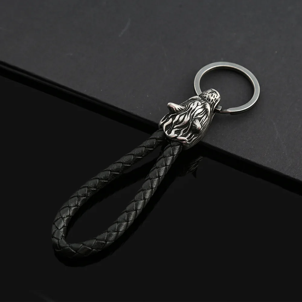 Stainless Steel Creative Viking Wolf Head Keychain Personalized Leather Car Key Ring Unique Animal Keychains Jewelry Wholesale