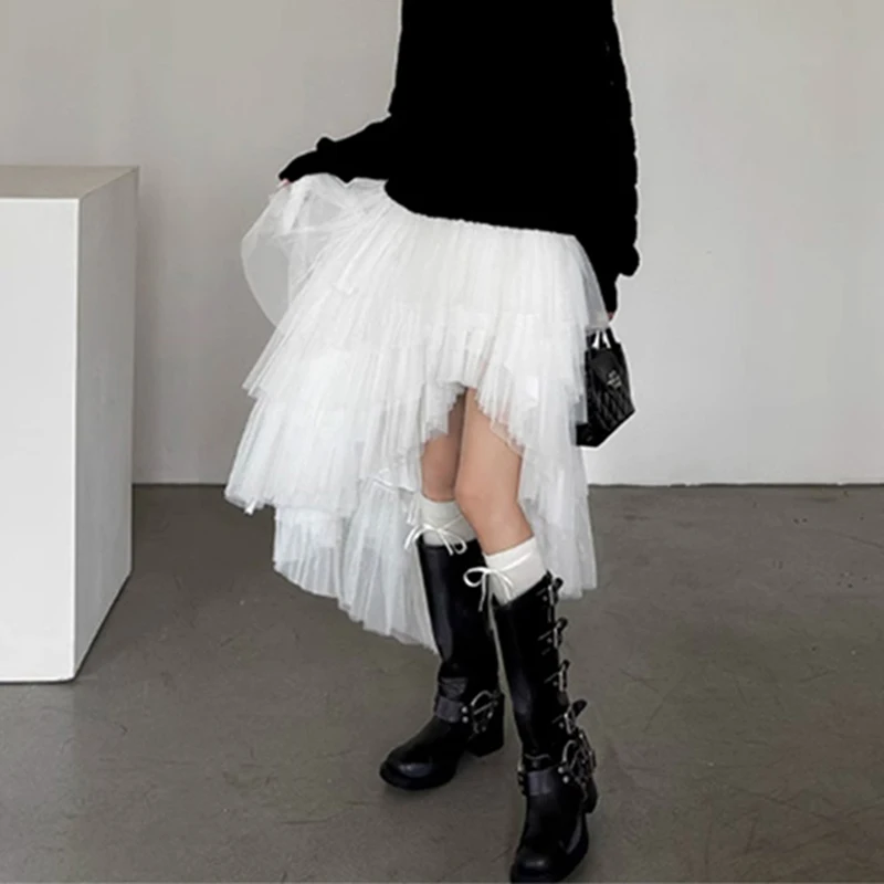 Asymmetrical Mesh Midi Skirt Women Streetwear White Ruffles Patchwork Skirts Ladies Fashion Korean Casual Design A Line Faldas