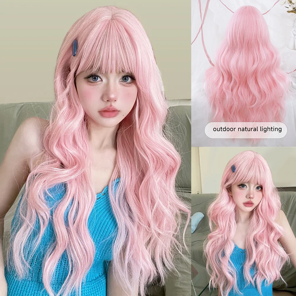 Perucas sintéticas rosa perfeitas com Franja para mulheres, cabelo ondulado natural, resistente ao calor, uso diário, cosplay, drag queen, 30"