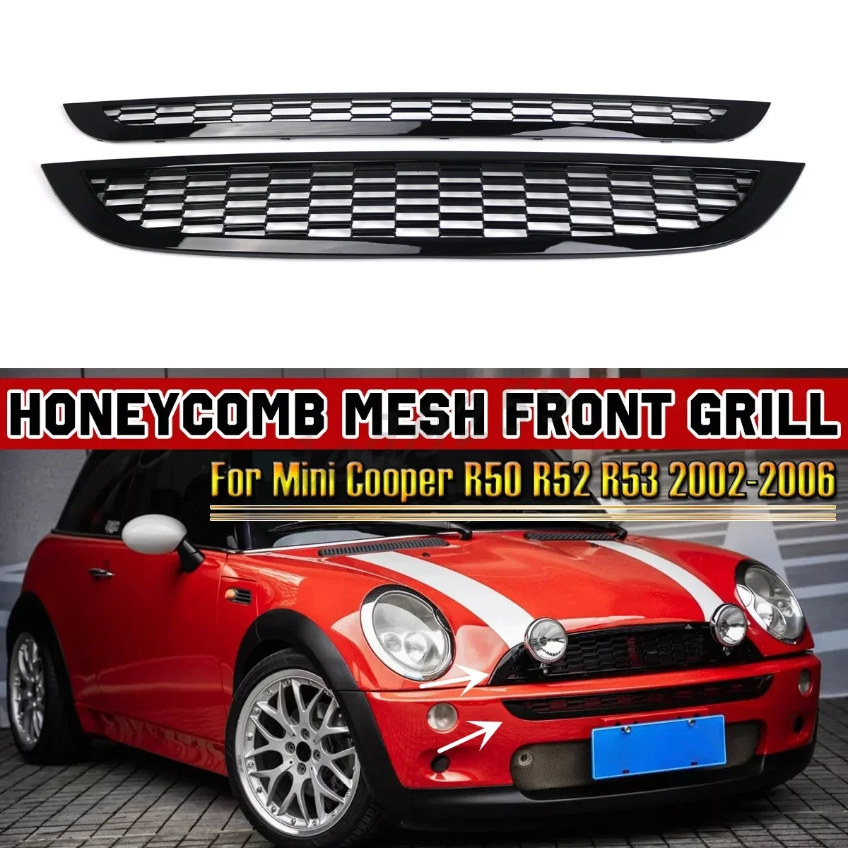 

Для MINI One R50 R52 R53 2002-2006 2 шт. Передний бампер, верхняя нижняя решетка, глянцевая черная сотовая сетчатая защитная крышка для решетки