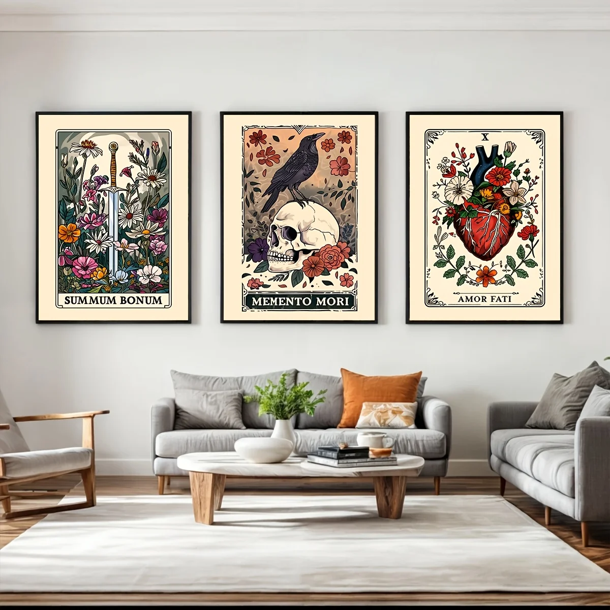 مجموعة مكونة من 3 قطع من بطاقات التارو ستويك ويزدوم - نمط بوهو ترابي، موضوع تذكار موري والتأمل، فن جداري حديث وبسيط لـ #1