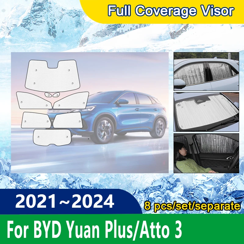 

Full Covers Sunshades For BYD Yuan Plus Atto 3 2021~ 2024 Front Rear Gear Doors Shaby 8PCS Car Visor Accessories Interiors 2023R