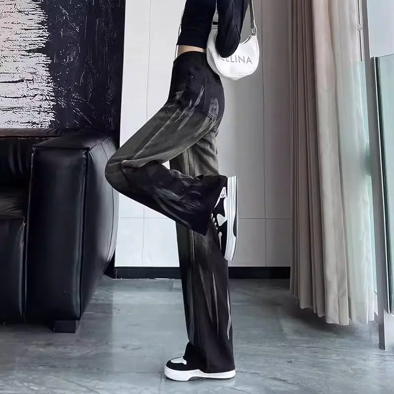 Tie-dye Straight Jeans for Women in Spring and Summer New Style Small High-waisted Slimming Without Legs Wide-leg Floor Pants