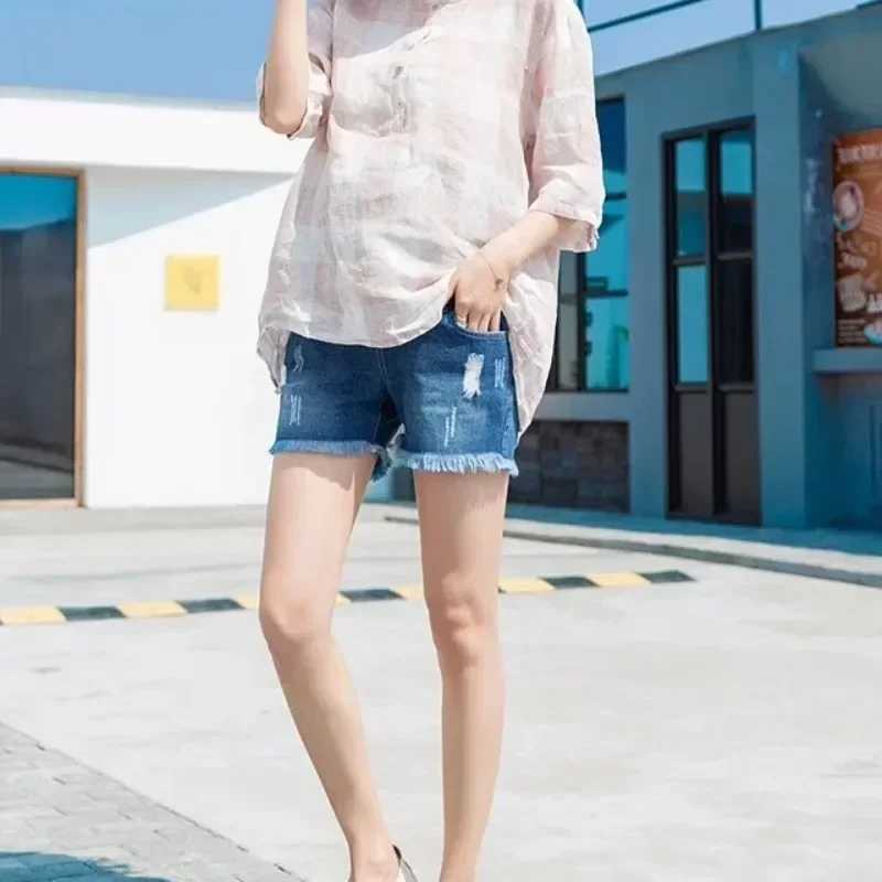 Summer Stylish Maternity Denim Shorts with Wear Simple Fashion Pants Hem and Comfortable Stretch Fabric Maternity Pants