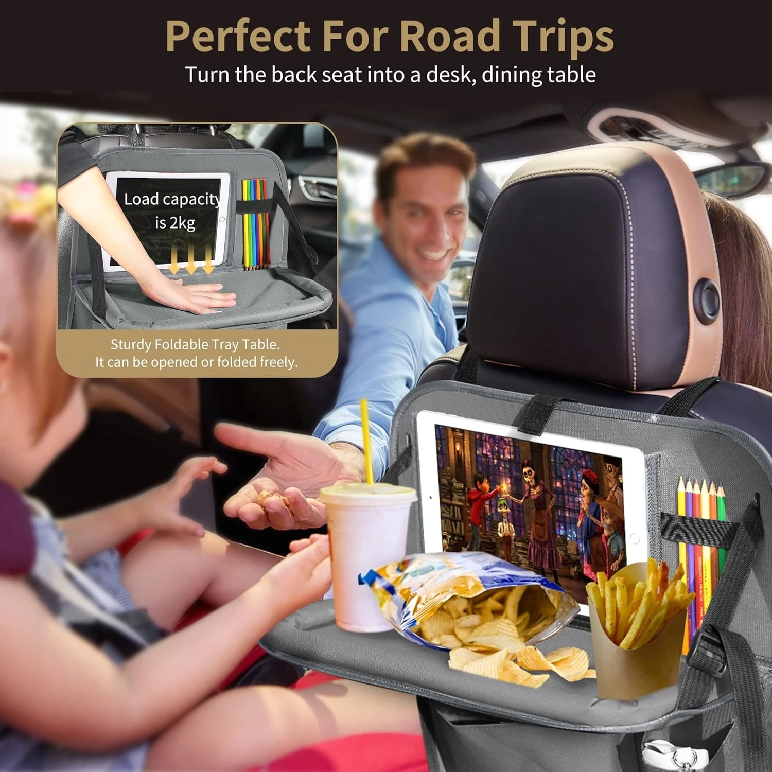 Car Backseat Organizer with Tablet Holder-2 Pcs,6 Storage Pockets Car Storage Organizer with Foldable Food Tray Protectors Kick