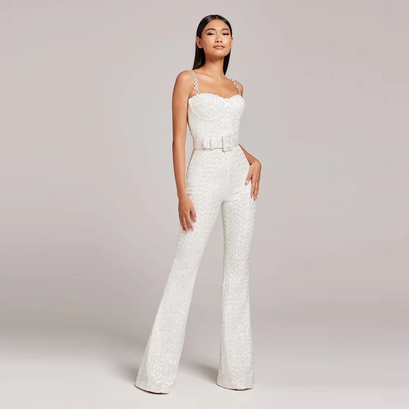 

2024 New Sexy White Spaghetti Strap V-Neck Sleeveless Backless Belt Sequins Jumpsuits Fashion Design Sense Ladies Clothing