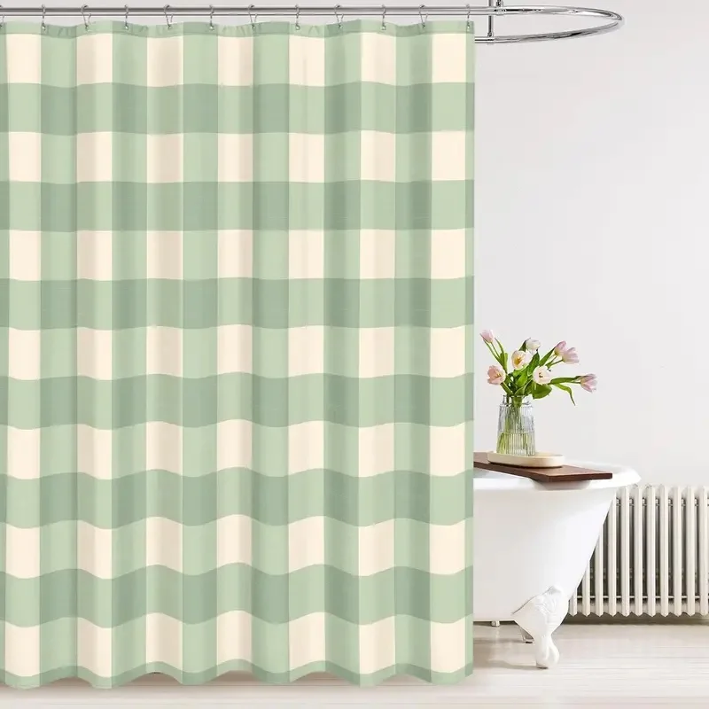 VIKAMA Buffalo Plaid Shower Curtain, Sage Green & Cream Grid Bath Curtain, Washable Waterproof Curtain for Bathroom Decoration