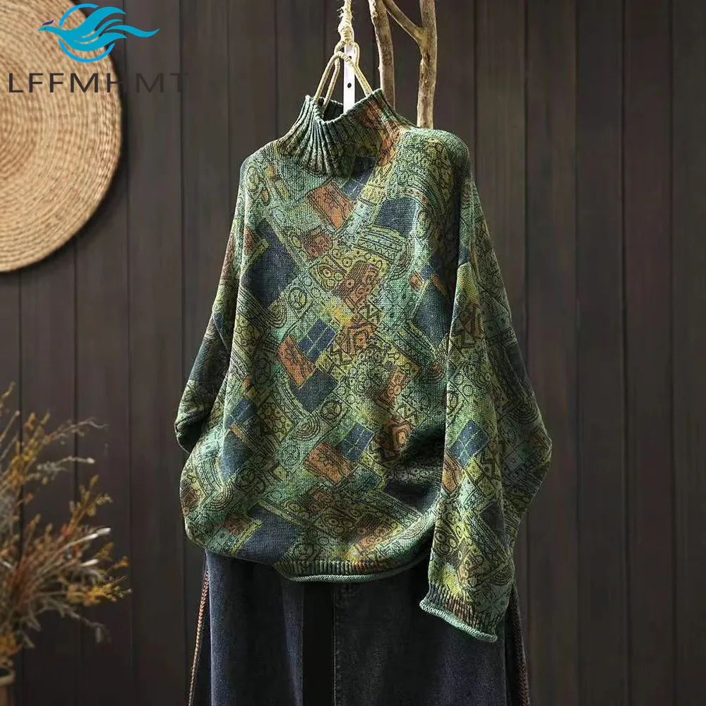 

Женский осенне-зимний хлопковый вязаный свитер в стиле ретро с полувысоким воротником и принтом в винтажном стиле, удобный свободный повседневный пуловер