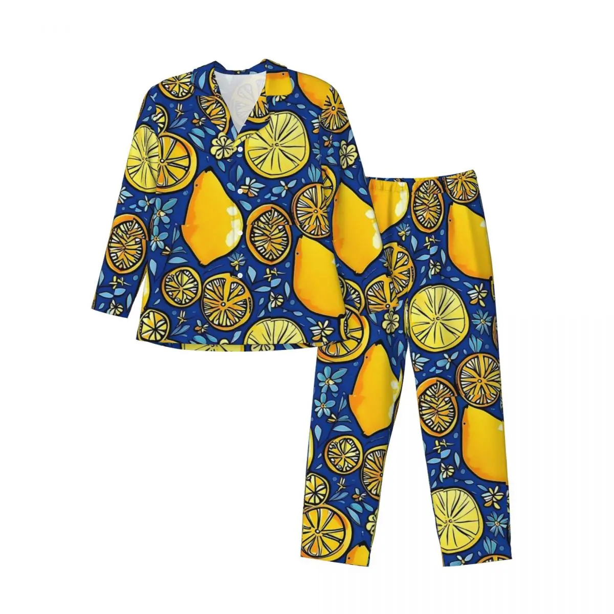 Set piyama motif buah, pakaian tidur Lemon dan bunga, musim gugur motif buah, setelan rumah desain malam trendi lengan panjang pria