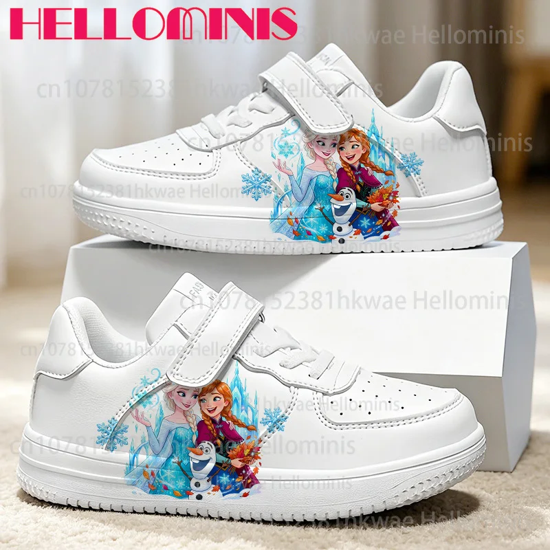 Kids Magical Ice Snowflake Castle Princess Cute Print Lightweight Solid Color Flat White Velcro Sneakers Non Slip Sole Gift