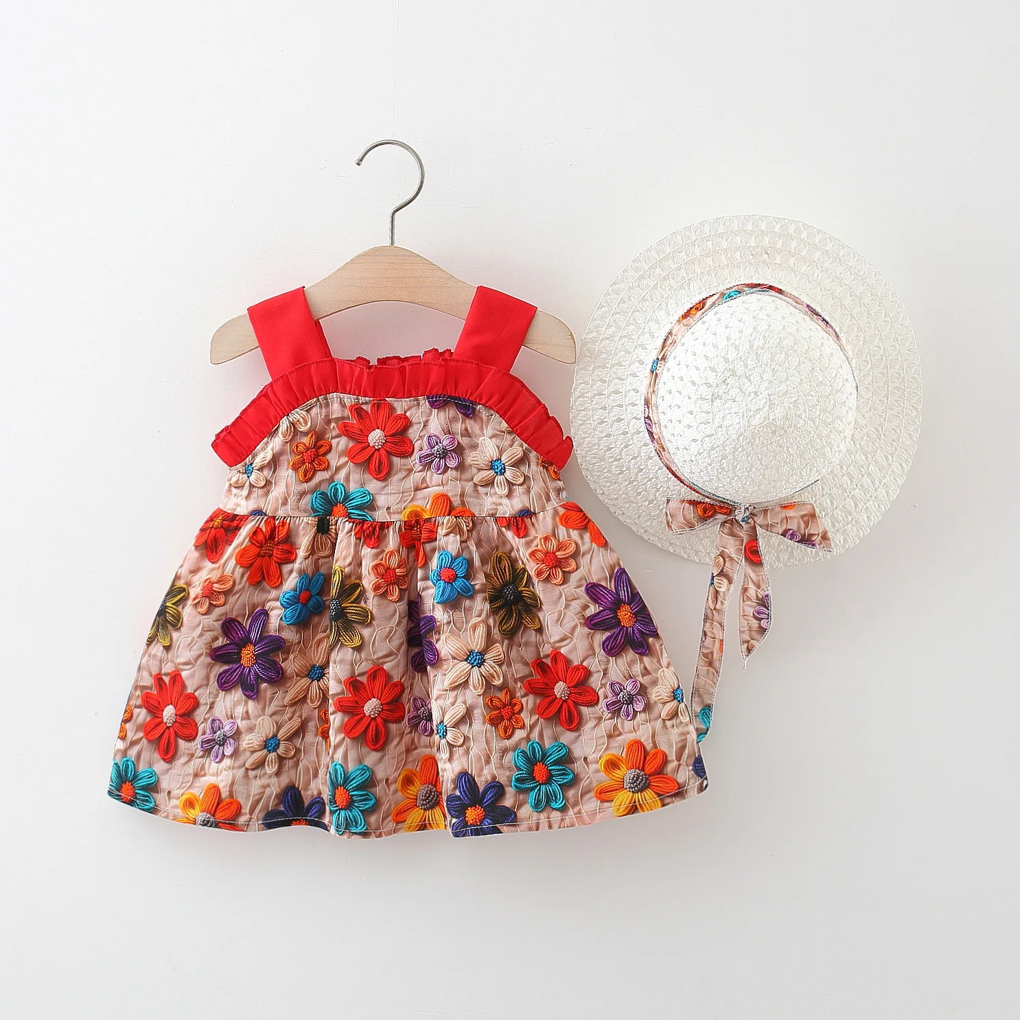 New children\'s suspender dress with flower lace A-line skirt for girls suitable for 0-3 years old Comes with a sun hat as a gif