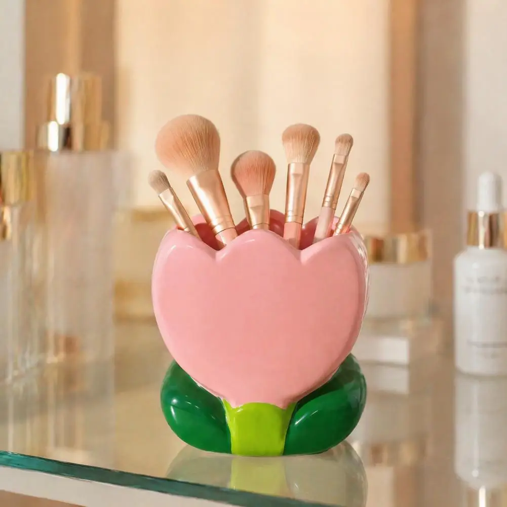 Desk Organizer for Pens Tulip Makeup Brush Holder Resin Organizer Capacity Cosmetic Storage Container Cute Flower Pen for Vanity