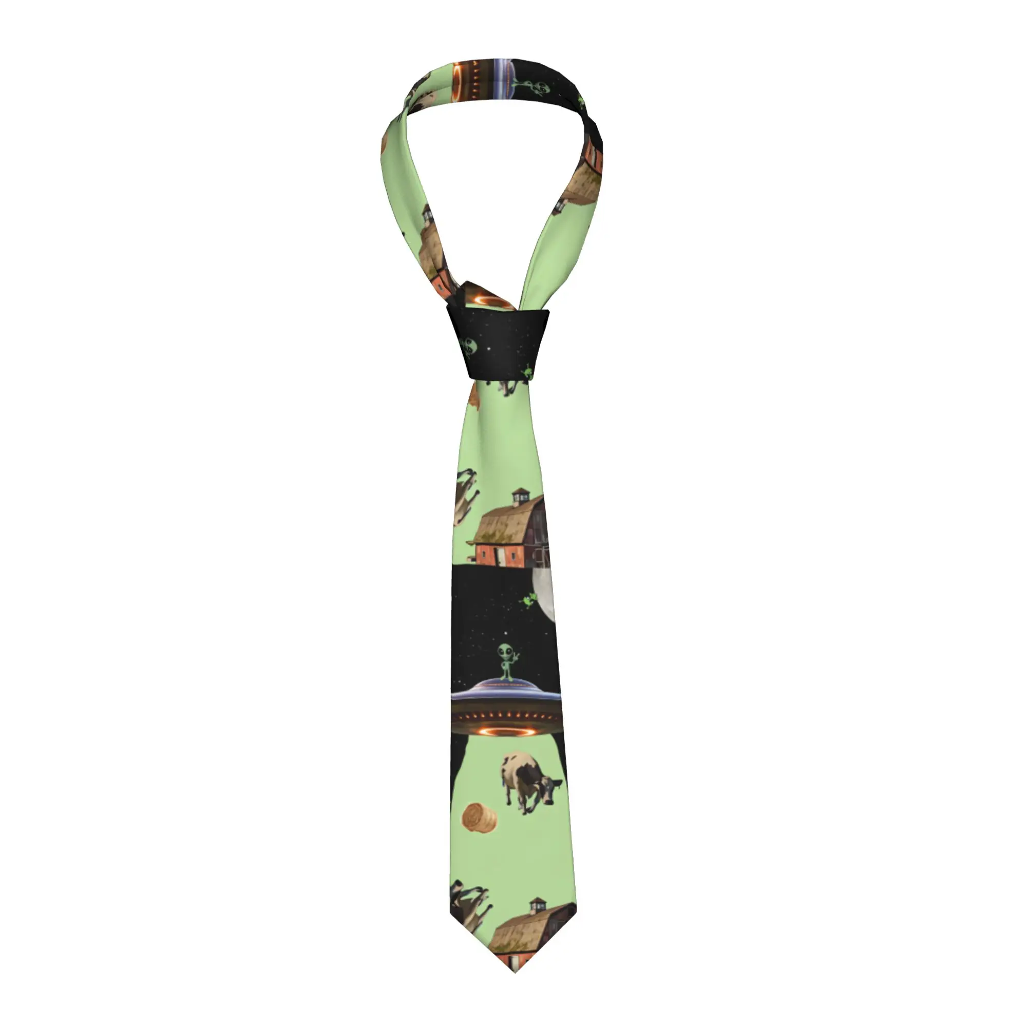 Retro UFO Kidnapped Cow  Tie  Pattern Neck Ties Cute Funny Collar Tie Men Cosplay Party Necktie Accessories