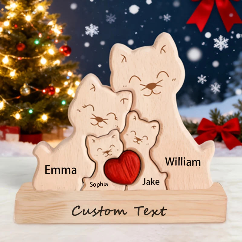 Customized Name Wooden Cat Art Handmade Decor Ornament Personalized Gift for Mother's Day Thanksgiving Christmas Family Crafts