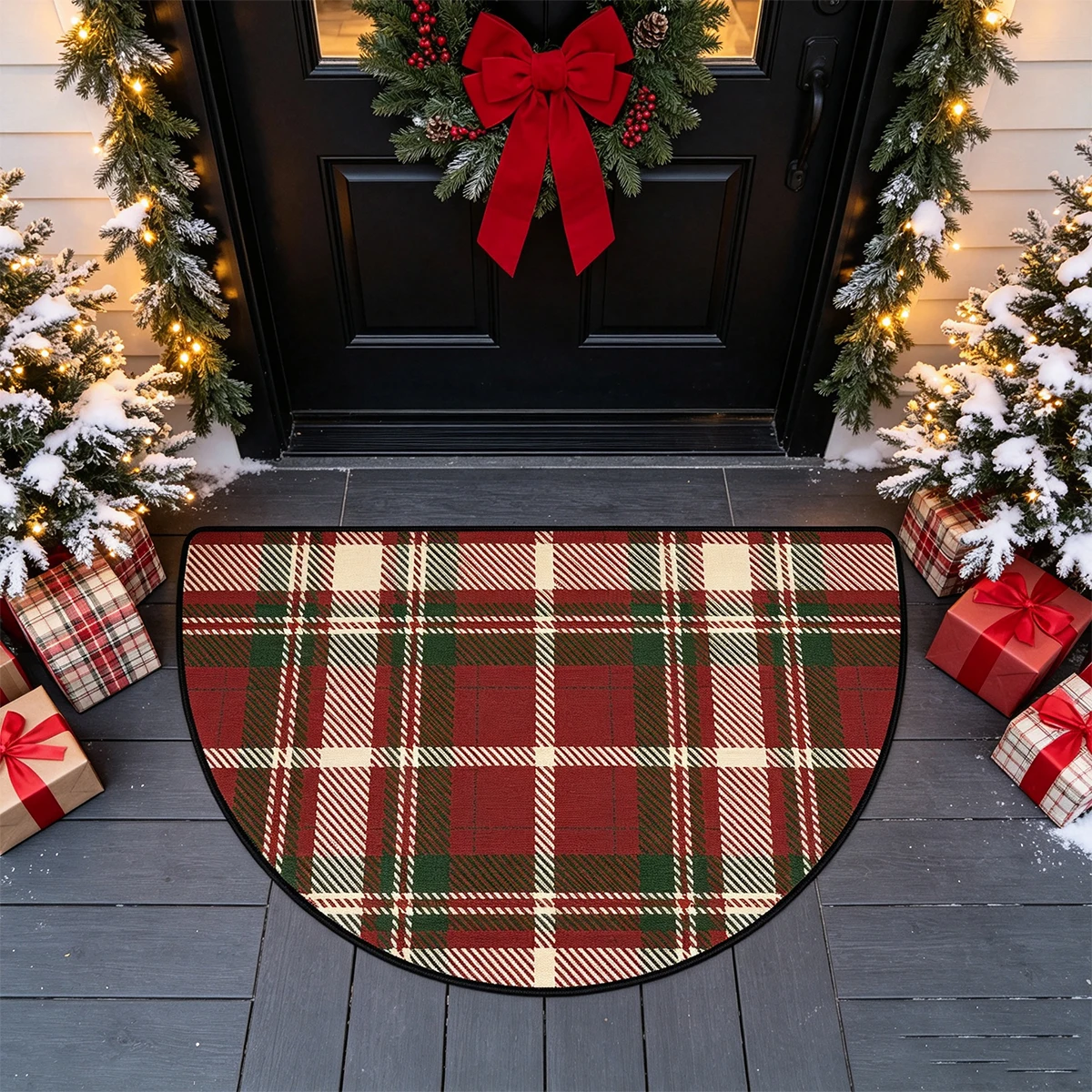 Christmas Doormat Red Semi-circular Carpet Vintage Scottish Tartan Entrance Rug Christmas Decorative Rugs Christmas Gifts