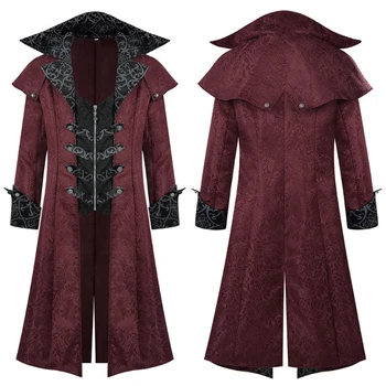 Men's Burgundy Medieval Jacquard Trench Coat 2 2026 Burgundy Medieval Jacquard Trench Coat for Men,Vintage Gothic Dark Men's Jacket ,Halloween Cosplay Performance Costume Men 2