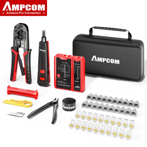 AMPCOM Kit de herramientas de prensado Ethernet para conector CAT6/CAT5e RJ45 con pelador de cables/herramienta de perforación/probador de cables TEL/LAN