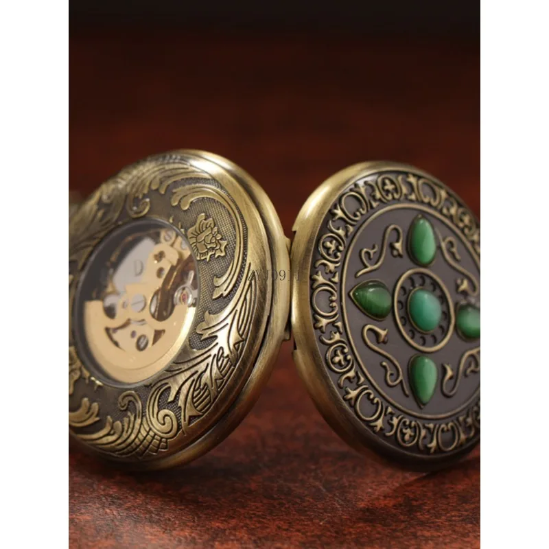 全自動機械式懐中時計ジェムストーンレトロ中空フリップノスタルジックな男性と女性のネックレス