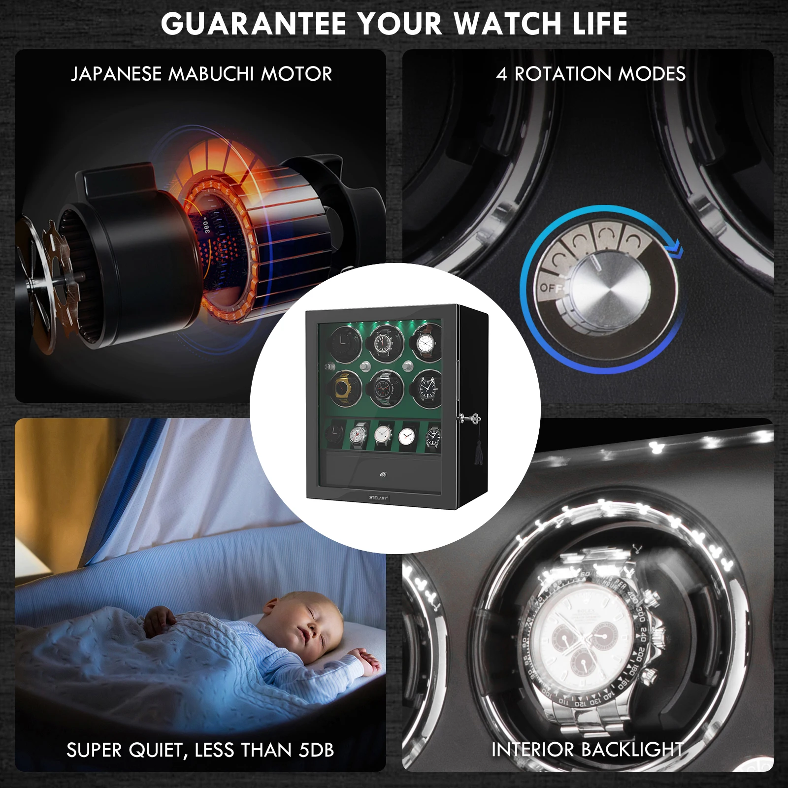 6 اللفافات ساعة للساعات التلقائي مع 5 حامل ساعة منظم صندوق تخزين LED ضوء-أخضر