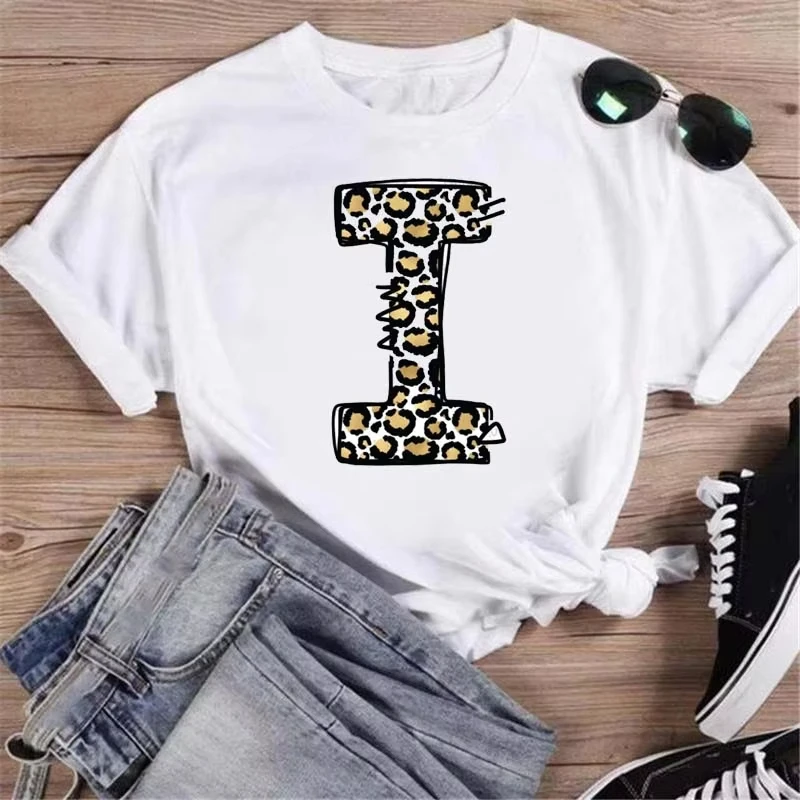 Unisex T‑shirt Leopard Print Initial Letter Graphic Tee Crew Neck Short Sleeve Wild Animal Pattern Hand Drawn Alphabet Top