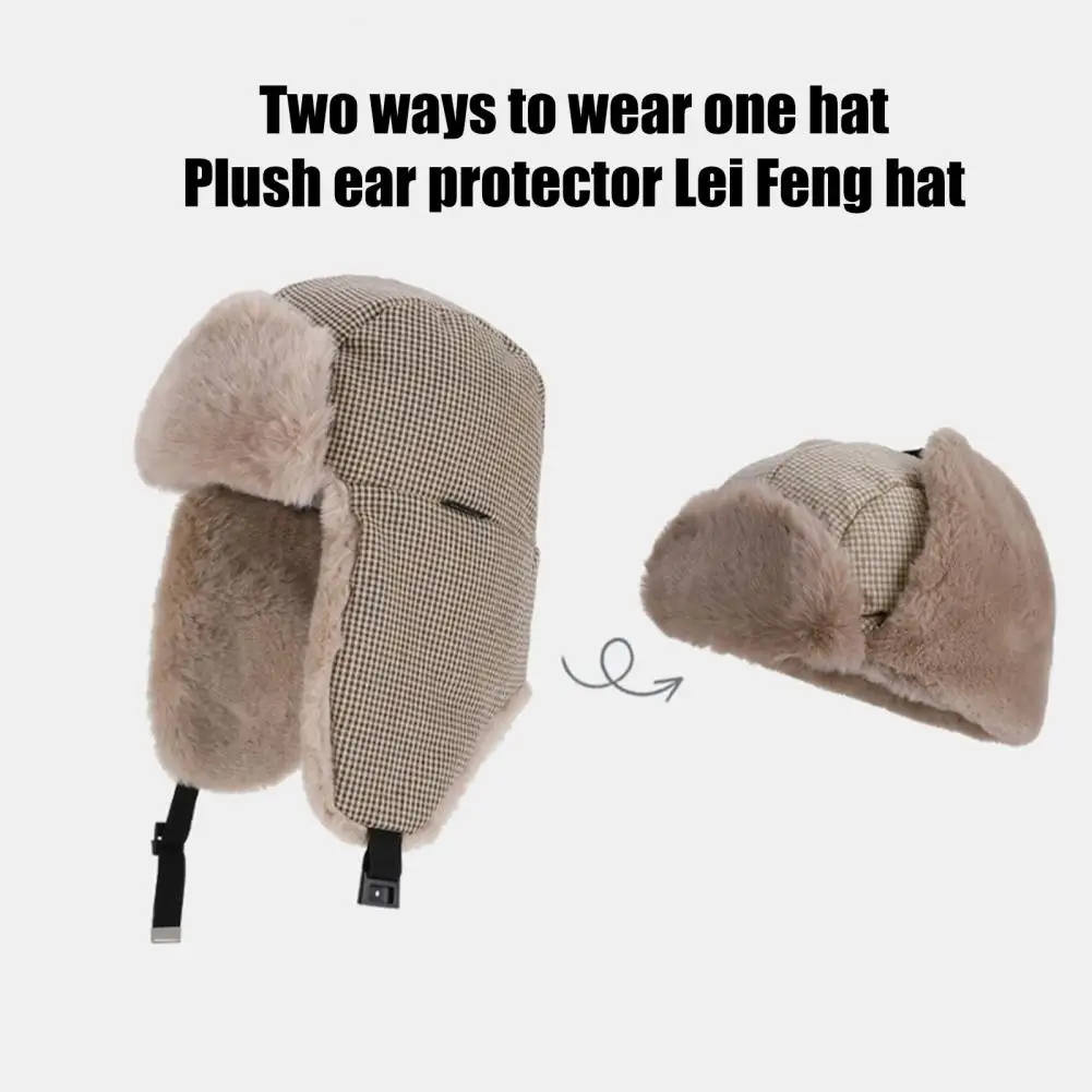 Comfortable Fabric Hat Plaid Lei Feng Hat with Velvet Lining Buckle Closure Ear Protection Cap Windproof Weather Outdoor