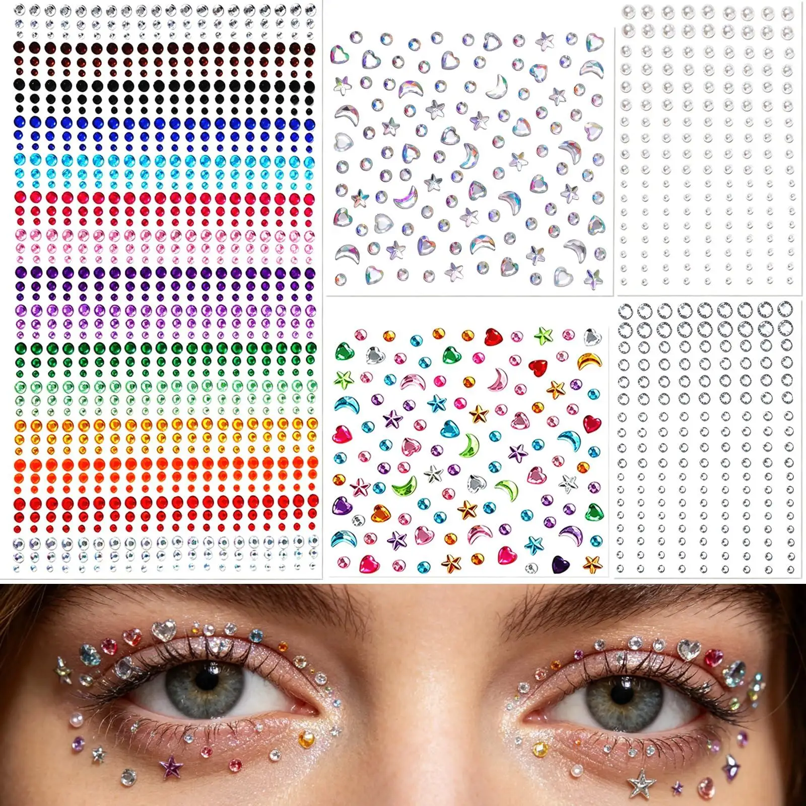 1/5 Sheets Multicolor Round Moon Star Face Gems Jewels Self-Adhesive Glitter Rhinestone Stickers for Women Makeup Hair Eye body