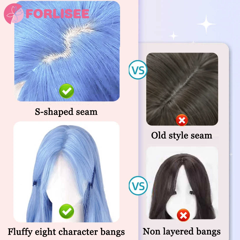 FORLISEE Synthetic Long Straight Lolita Wig with Bangs Wig Girl Cute Ombre Glacier Blue Cosplay Party Halloween Harajuku Wig