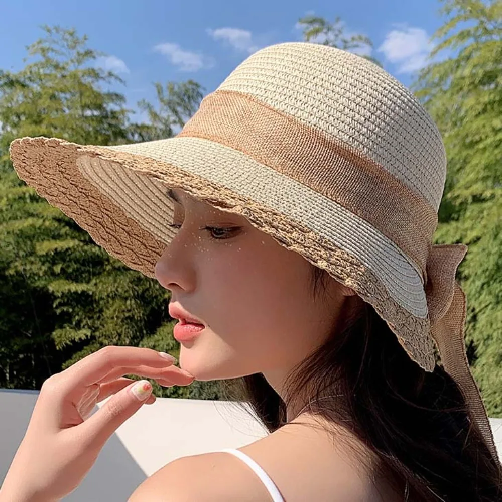 Portable Straw Weaving Beach Hat Hollow Out Breathable Big Brimmed Woven Cap Soft French Style Bow Fisherman Cap Hiking