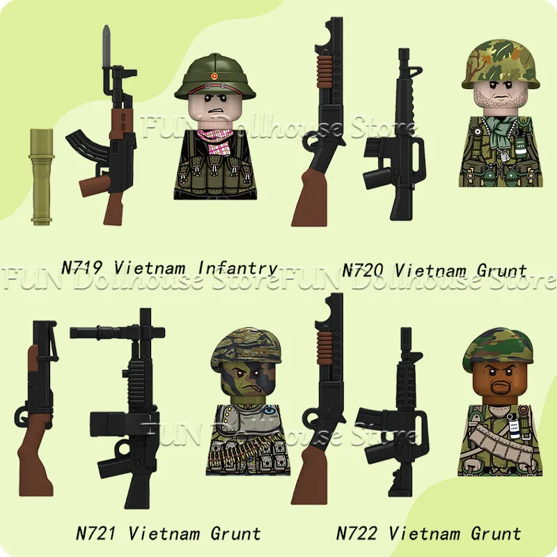 MOC Military Army Vietnam Infantry US Soldier Figures Building Block Rifle Machine Gun Helmet DIY Accessory Bricks Boys Toy Gift
