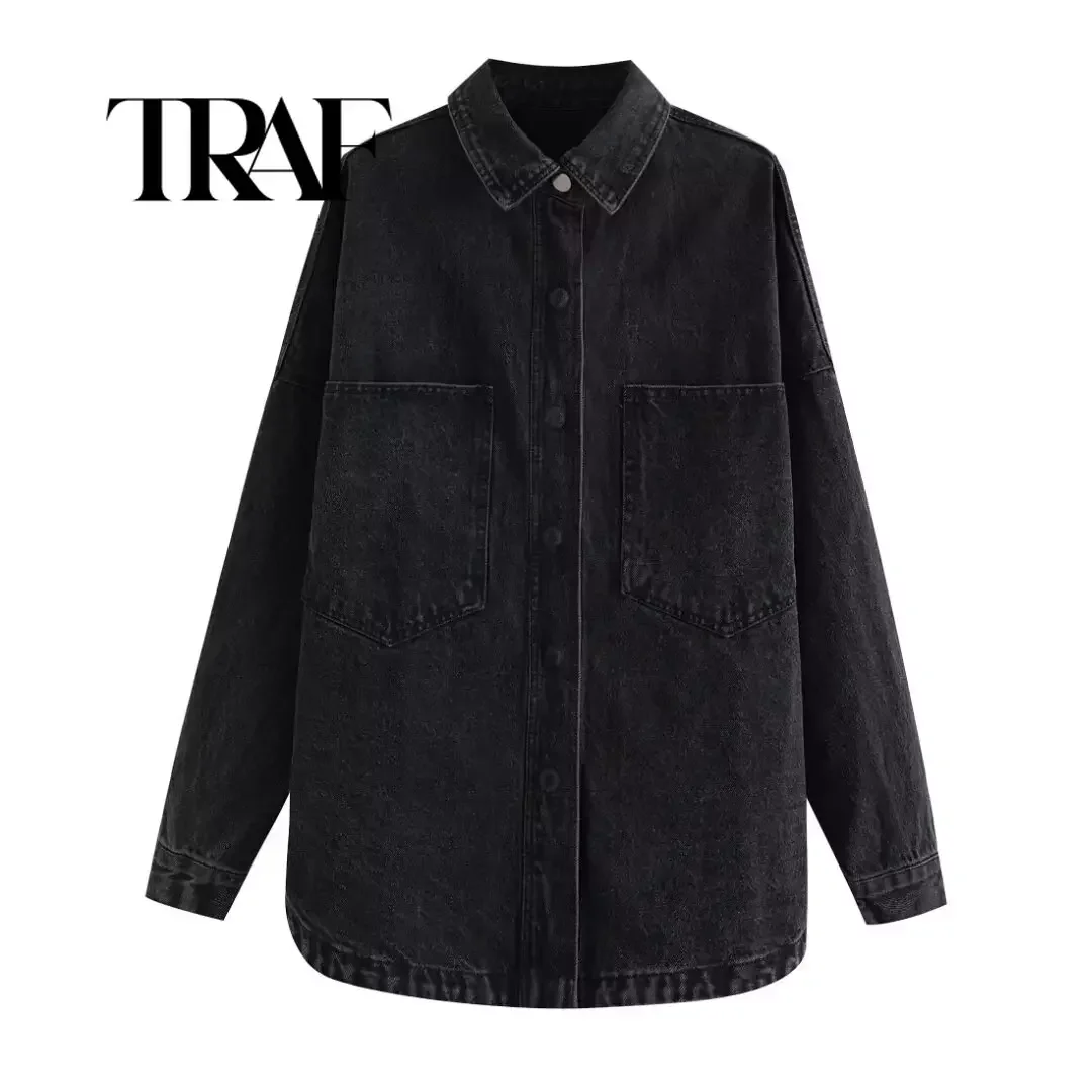 TRAF Women New Double Pocket Decoration Casual Denim Jacket Coat Retro Long sleeved Button up Women's Coat Chic Top