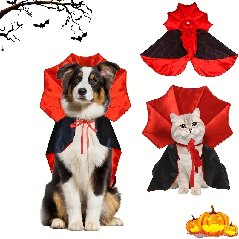 

1pc Halloween Pet Cape Costume - Red & Black Vampire, Adjustable Halloween outfit with Tiebacks for Dogs & Cats, All Seasons